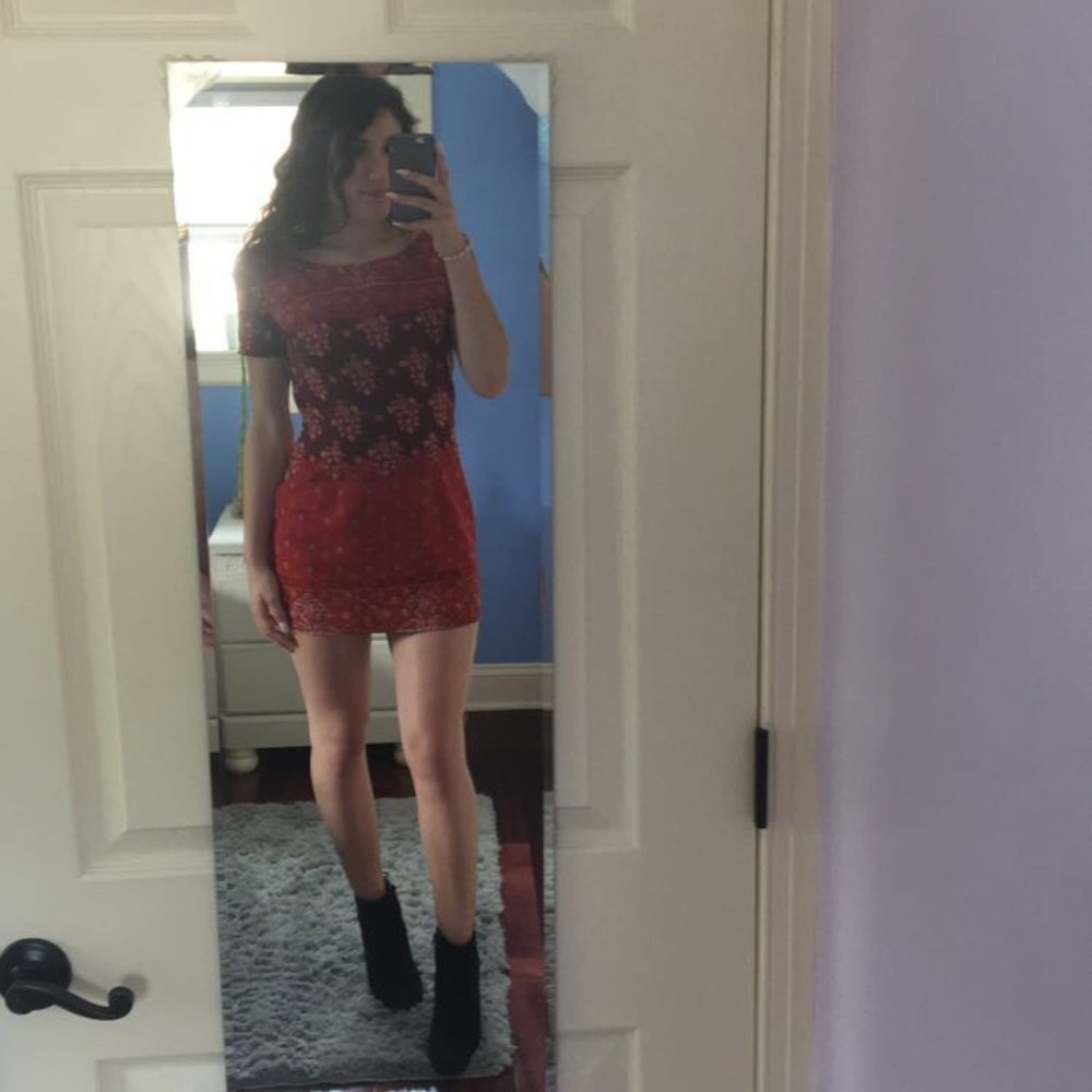 red patterned dress